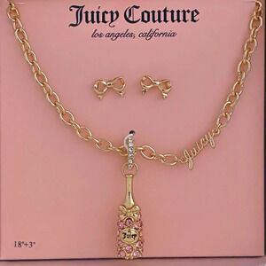 Juicy Couture Rhinestone Pink Champagne Bottle Necklace & Bow Earrings Gift Set